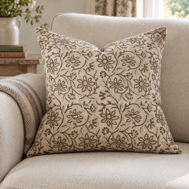Ivy Brown Floral Print Luxury Cotton Cushion Cover — styled view 2