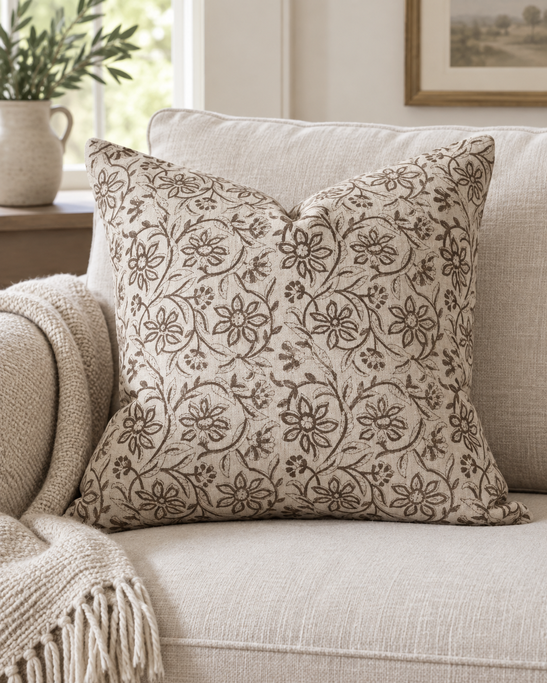 Ivy Brown Floral Print Luxury Cotton Cushion Cover — styled view 3