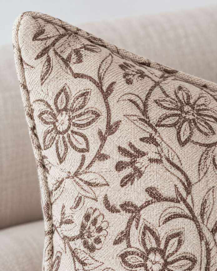 Ivy Brown Floral Print Luxury Cotton Cushion Cover — fabric detail 1