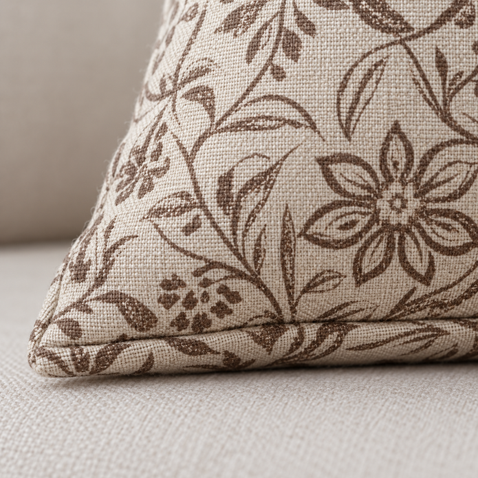 Ivy Brown Floral Print Luxury Cotton Cushion Cover — fabric detail 3