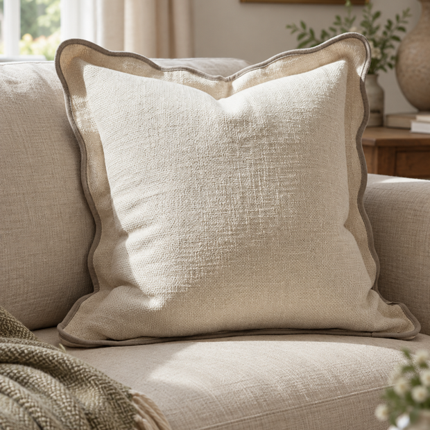 Chloe Cream And Greige Square Scalloped Cushion Cover — styled view 1