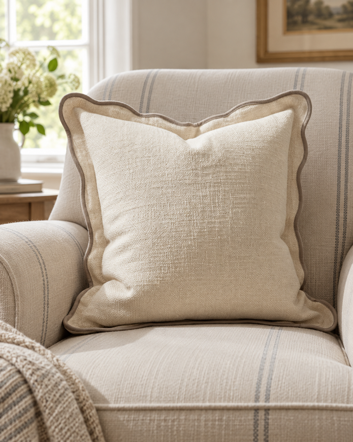 Chloe Cream And Greige Square Scalloped Cushion Cover — styled view 2