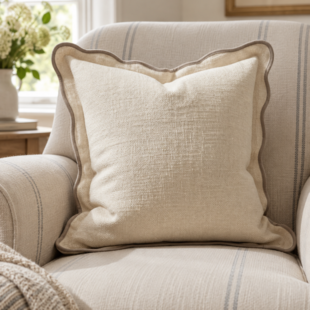 Chloe Cream And Greige Square Scalloped Cushion Cover — styled view 2