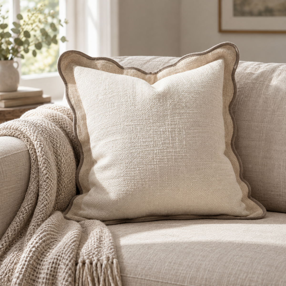 Chloe Cream And Greige Square Scalloped Cushion Cover — styled view 3