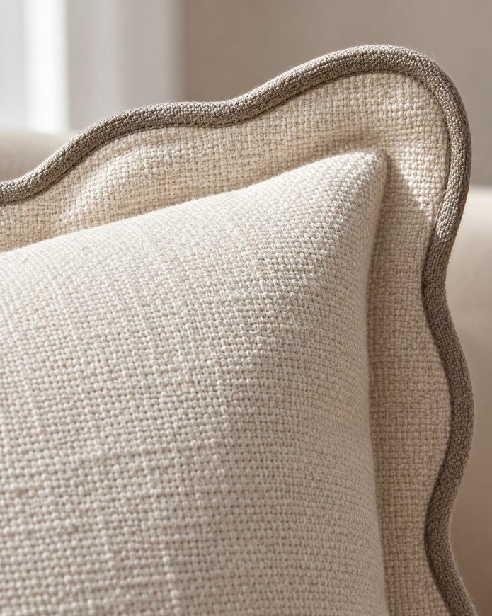 Chloe Cream And Greige Square Scalloped Cushion Cover — fabric detail 1