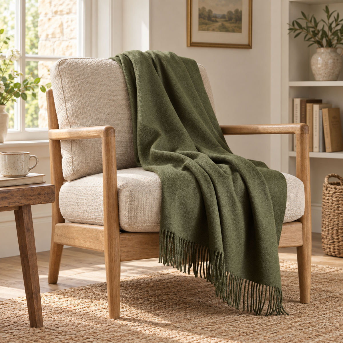 Della Olive Green Fine Knit Tasselled Throw Blanket – styled view 2