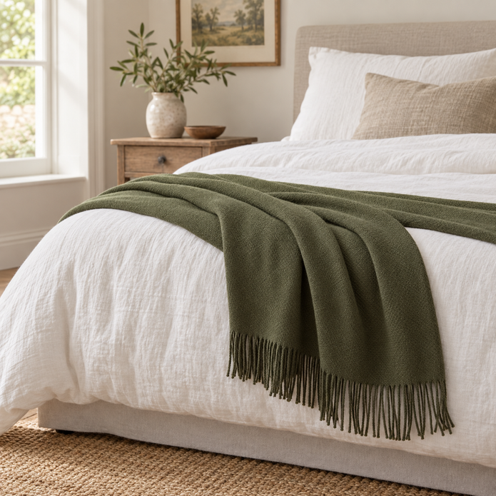 Della Olive Green Fine Knit Tasselled Throw Blanket – styled view 3