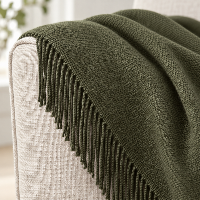 Della Olive Green Fine Knit Tasselled Throw Blanket – fabric detail 1