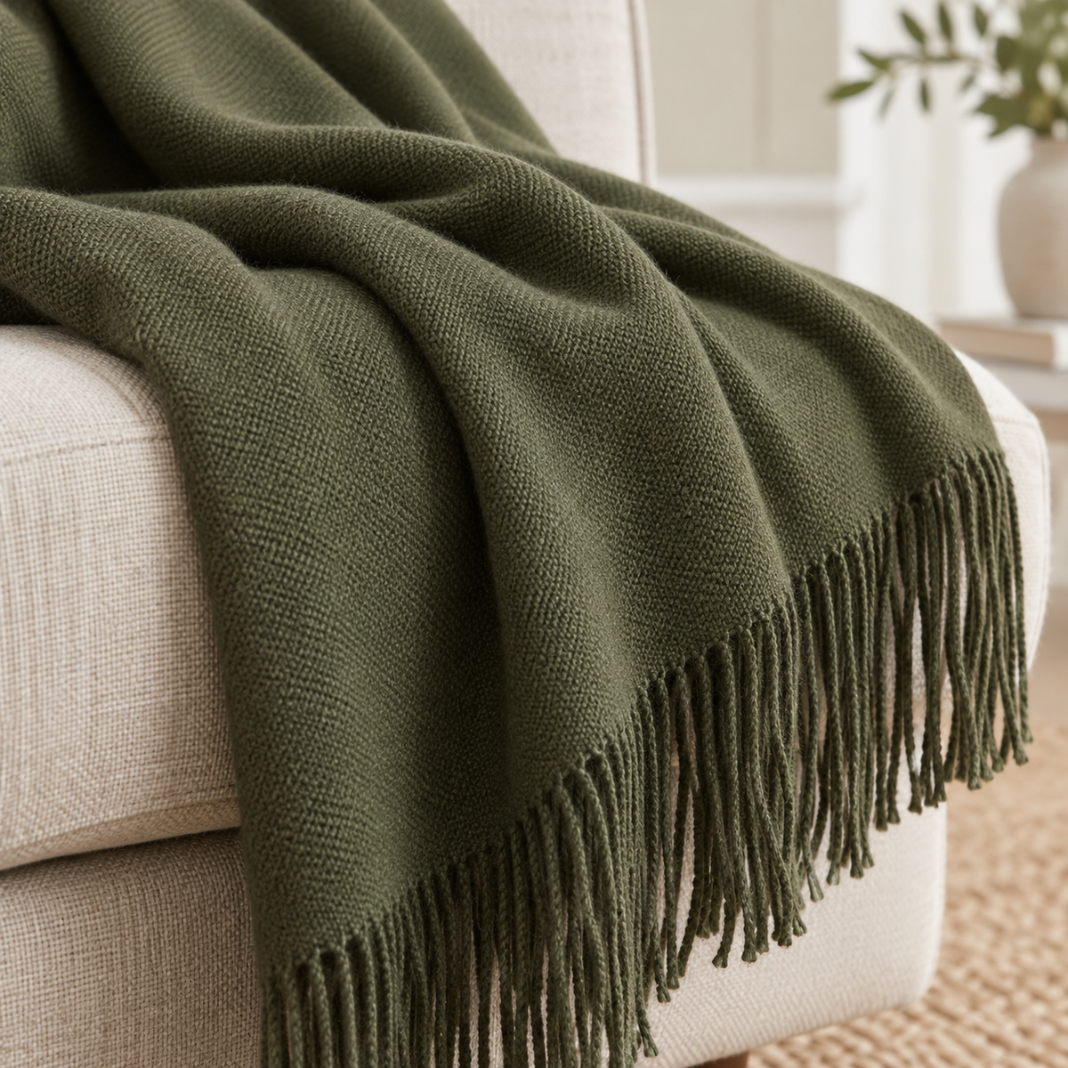 Della Olive Green Fine Knit Tasselled Throw Blanket – fabric detail 4