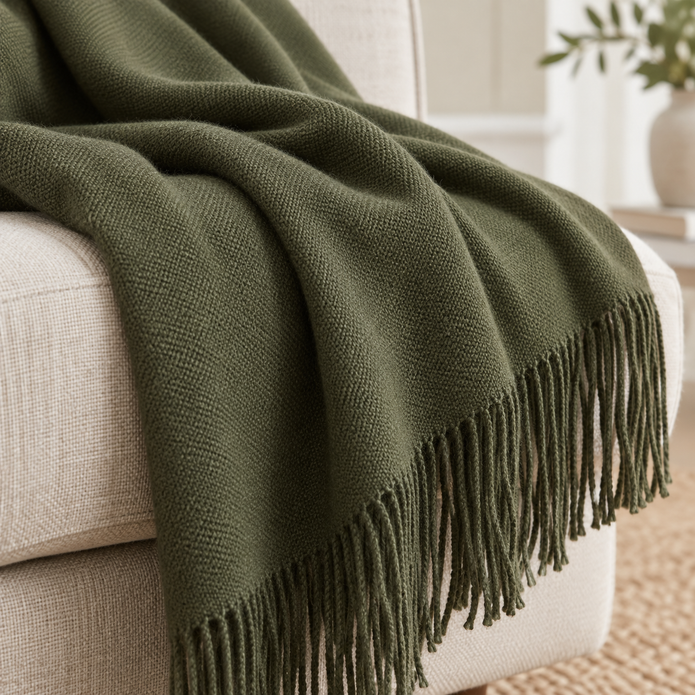 Della Olive Green Fine Knit Tasselled Throw Blanket – fabric detail 4