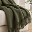 Della Olive Green Fine Knit Tasselled Throw Blanket – fabric detail 4