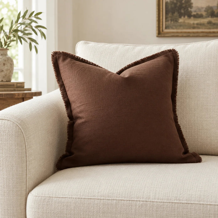 Esmee Dark Brown Ruffle Square Linen Blend Cushion Cover — styled view 1