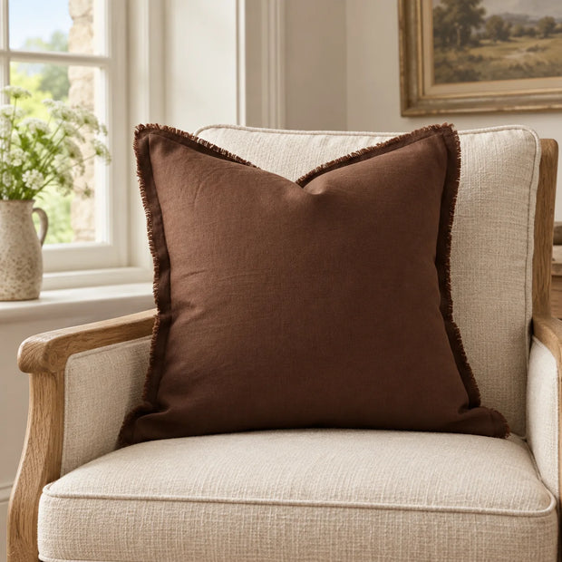Esmee Dark Brown Ruffle Square Linen Blend Cushion Cover — styled view 2