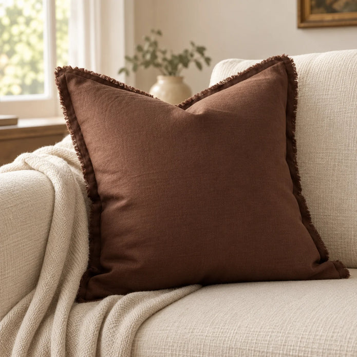 Esmee Dark Brown Ruffle Square Linen Blend Cushion Cover — styled view 3