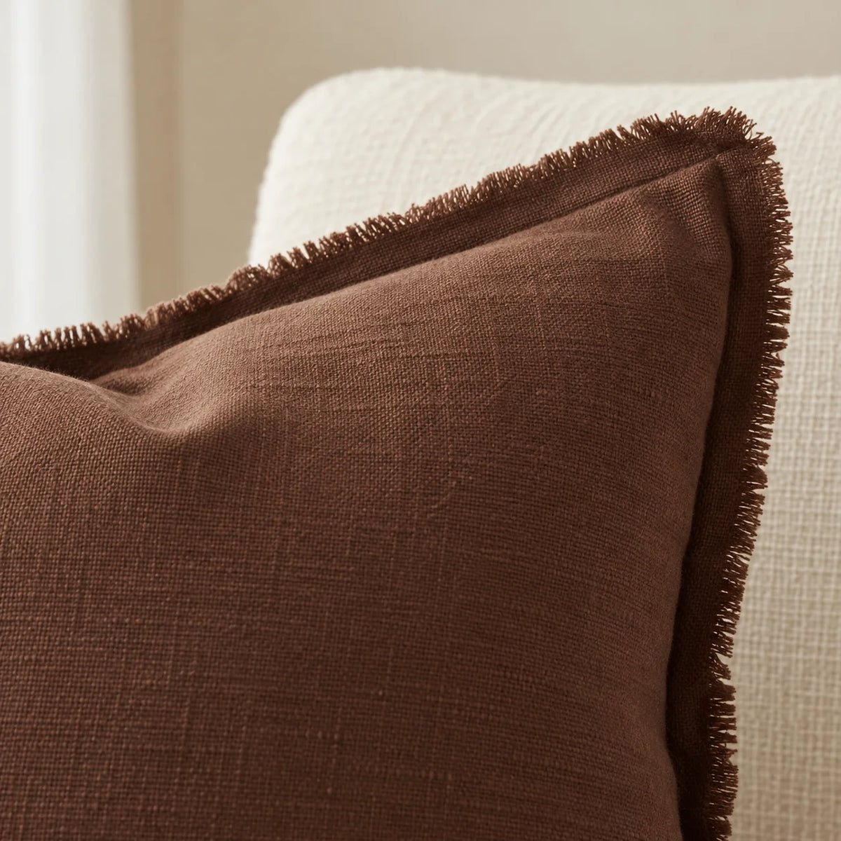Esmee Dark Brown Ruffle Square Linen Blend Cushion Cover — fabric detail 1