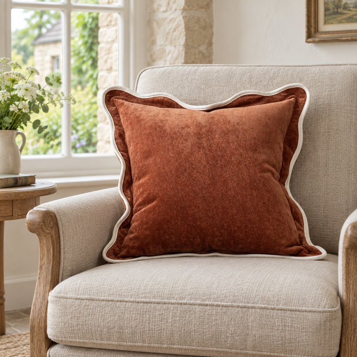 Chloe Rust Brown And Cream Scalloped Cushion Cover — styled view 2