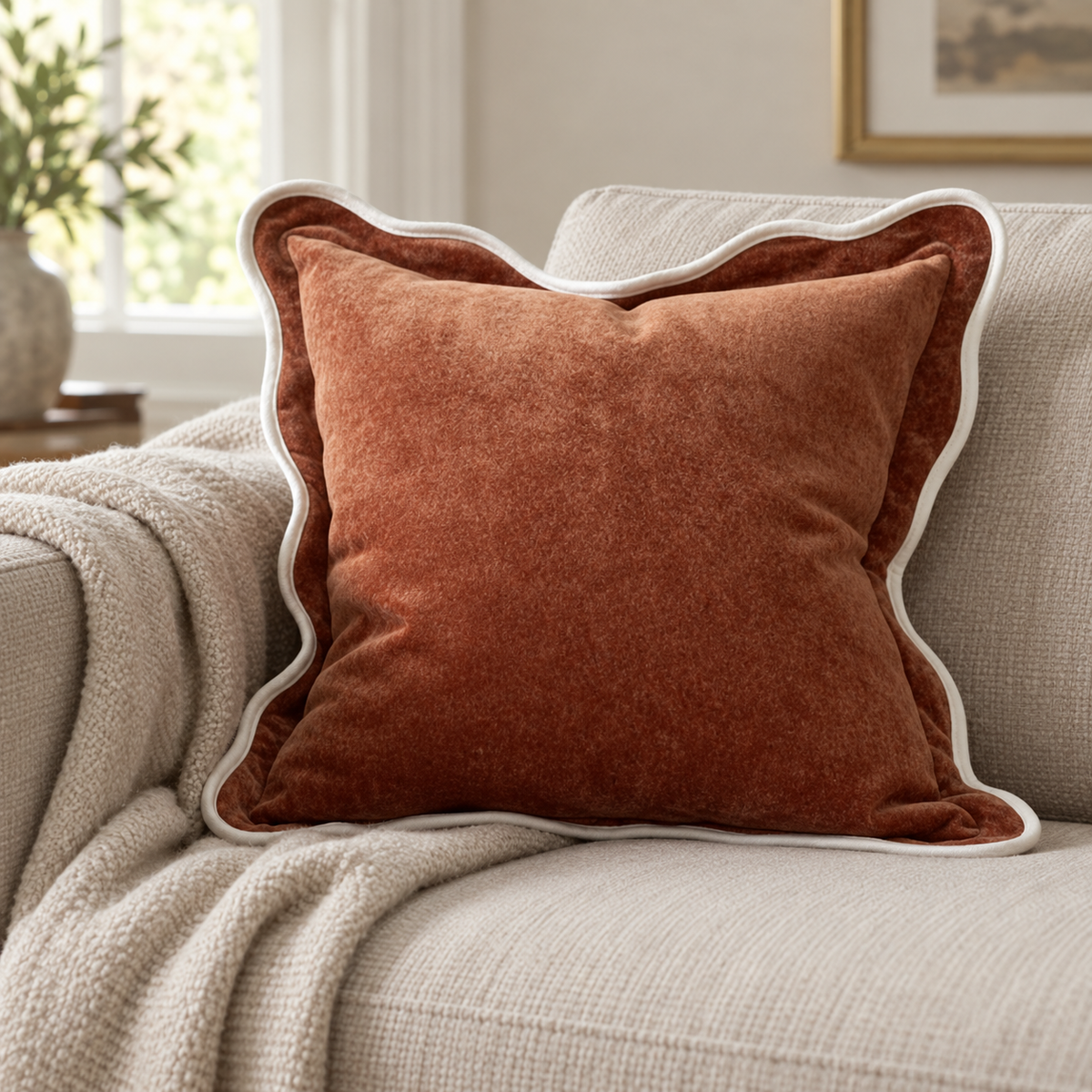 Chloe Rust Brown And Cream Scalloped Cushion Cover — styled view 3