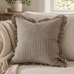 45cm Darcy chocolate brown pinstripe cushion cover with ruffle edge styled on seating