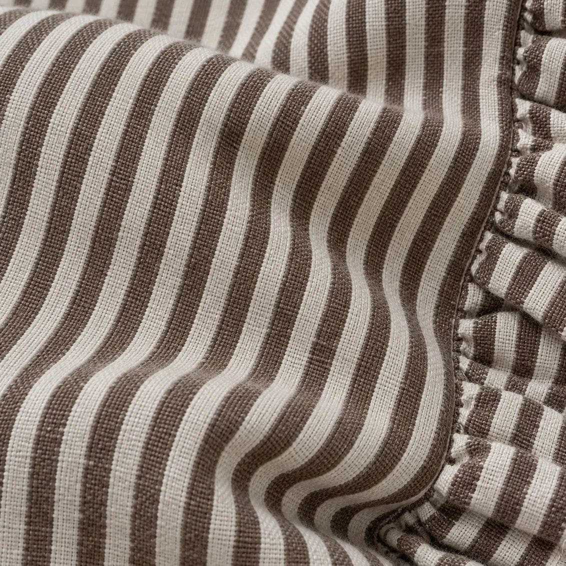 Darcy cushion cover chocolate brown and white pinstripe cotton blend fabric detail