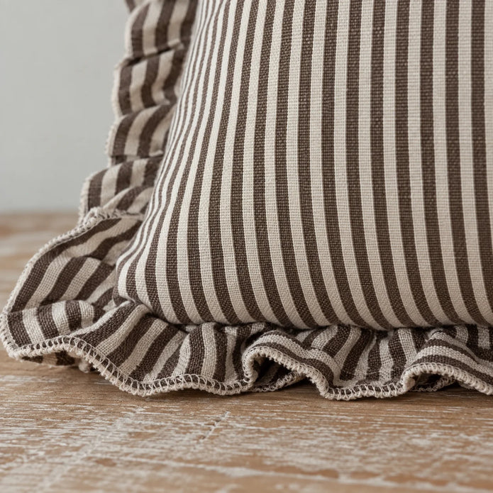 Close-up texture of Darcy chocolate brown pinstripe cushion cover and stitching
