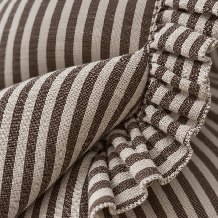 Darcy chocolate brown pinstripe cushion cover ruffle edge and fabric detail