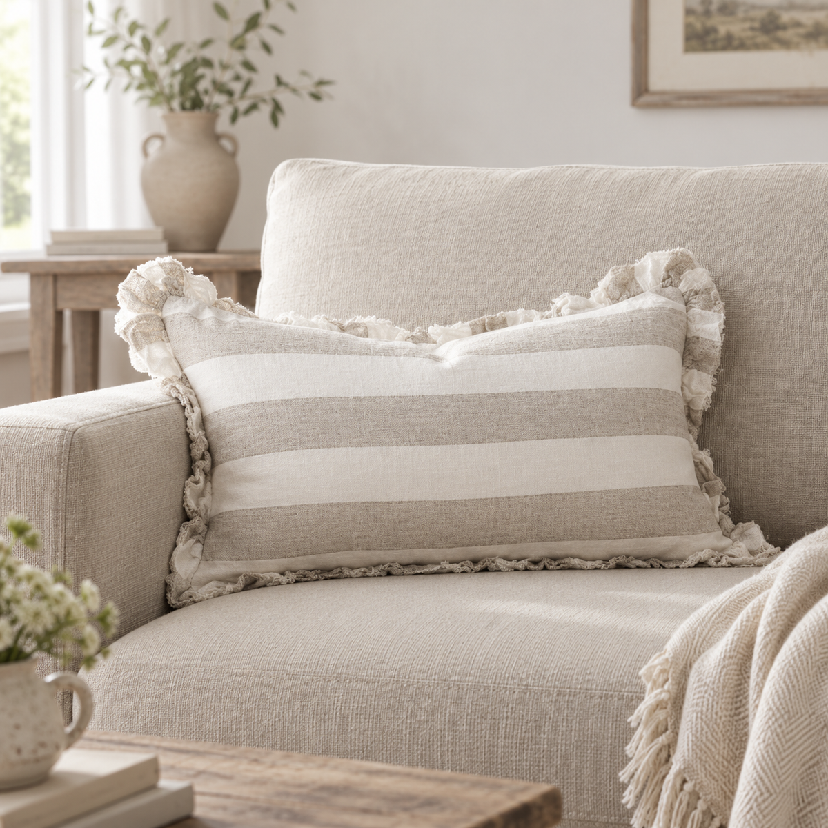 Hallie Beige And White Wide Stripe Rectangle Cotton Blend Cushion Cover — styled view 1