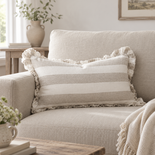 Hallie Beige And White Wide Stripe Rectangle Cotton Blend Cushion Cover — styled view 1