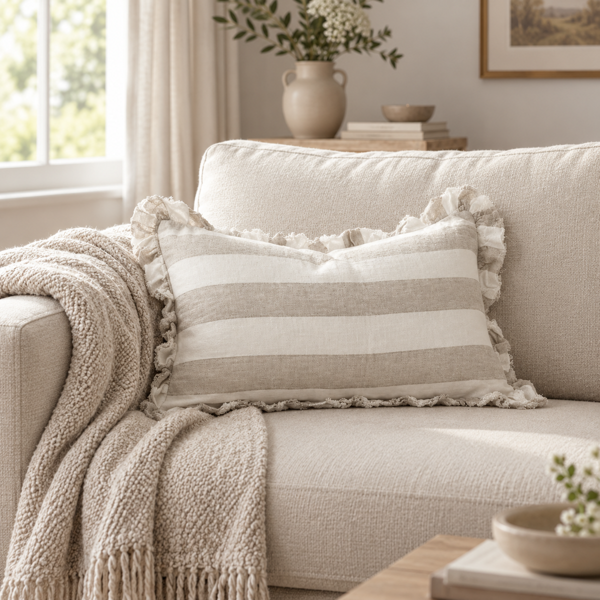 Hallie Beige And White Wide Stripe Rectangle Cotton Blend Cushion Cover — styled view 3