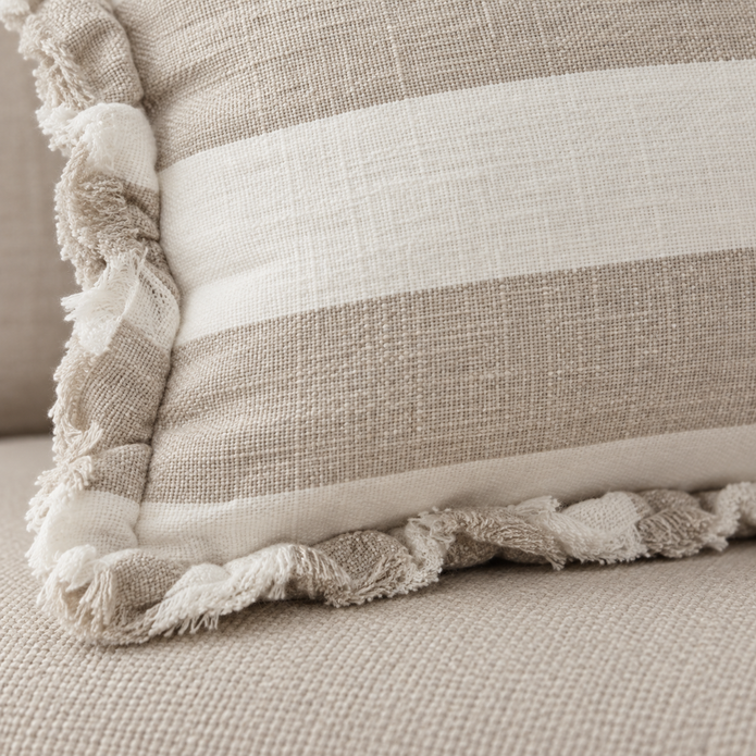 Hallie Beige And White Wide Stripe Rectangle Cotton Blend Cushion Cover — fabric detail 3