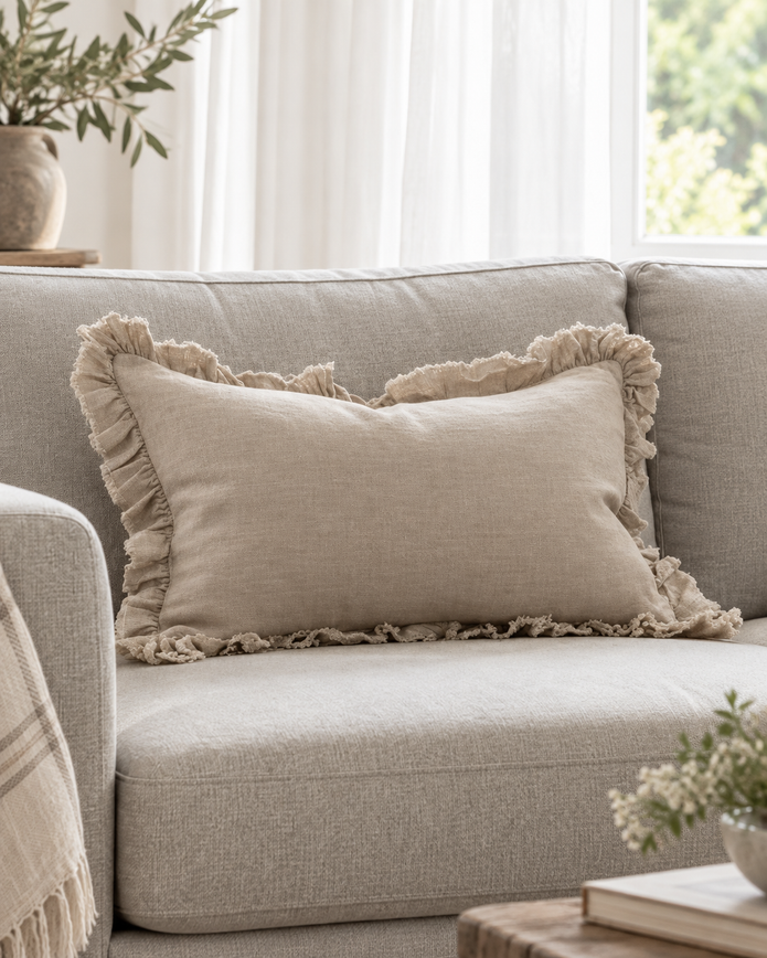 Hallie Beige Rectangle Linen Ruffled Cushion Cover — styled view 1