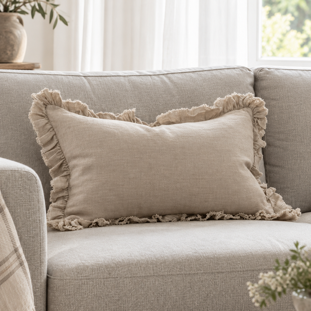 Hallie Beige Rectangle Linen Ruffled Cushion Cover — styled view 1