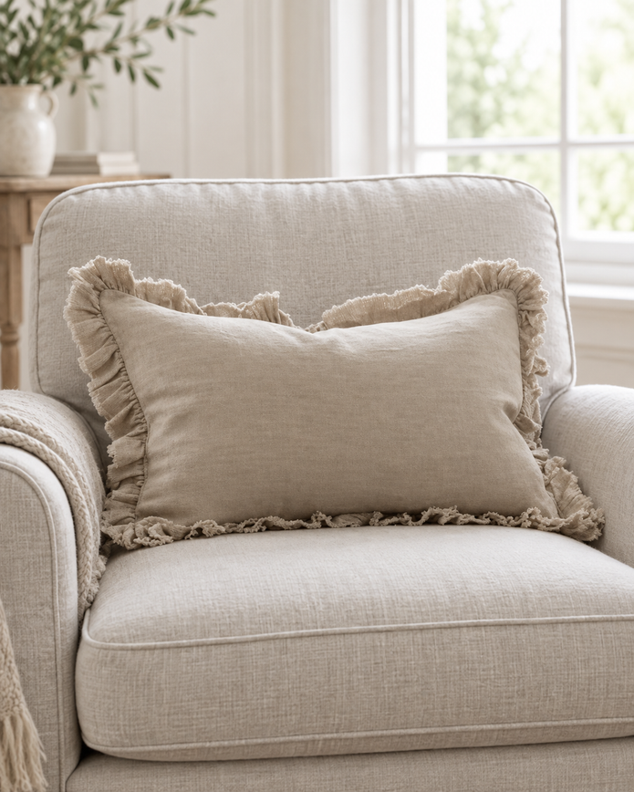 Hallie Beige Rectangle Linen Ruffled Cushion Cover — styled view 2