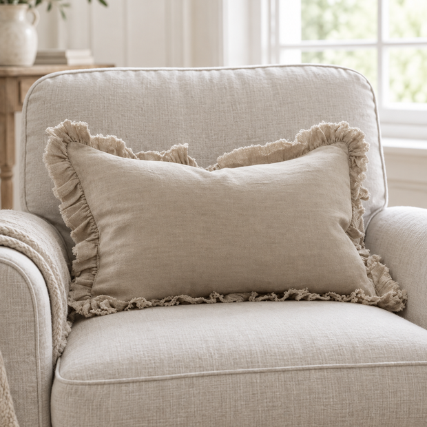 Hallie Beige Rectangle Linen Ruffled Cushion Cover — styled view 2