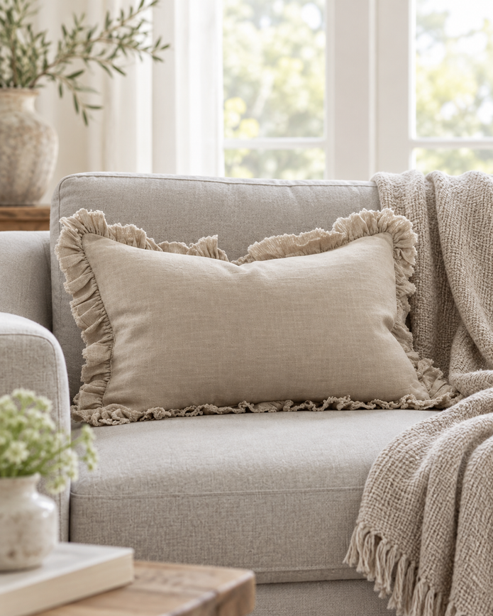 Hallie Beige Rectangle Linen Ruffled Cushion Cover — styled view 3
