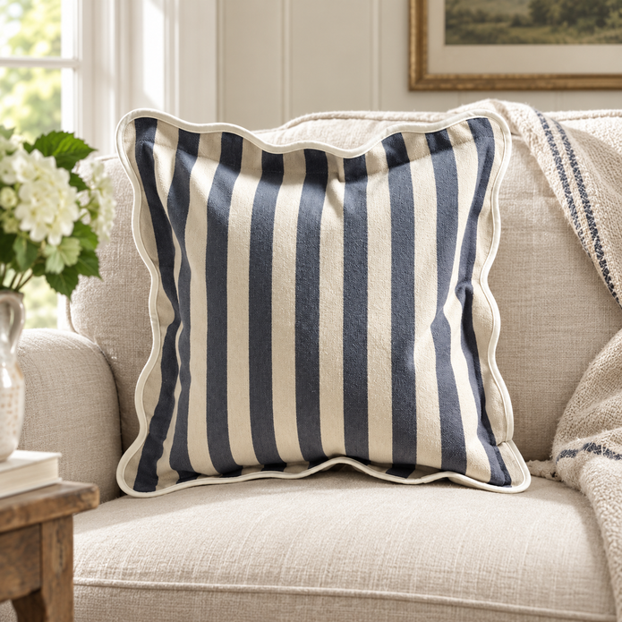 Chloe Navy Blue Square Scalloped Cushion Cover — styled view 1