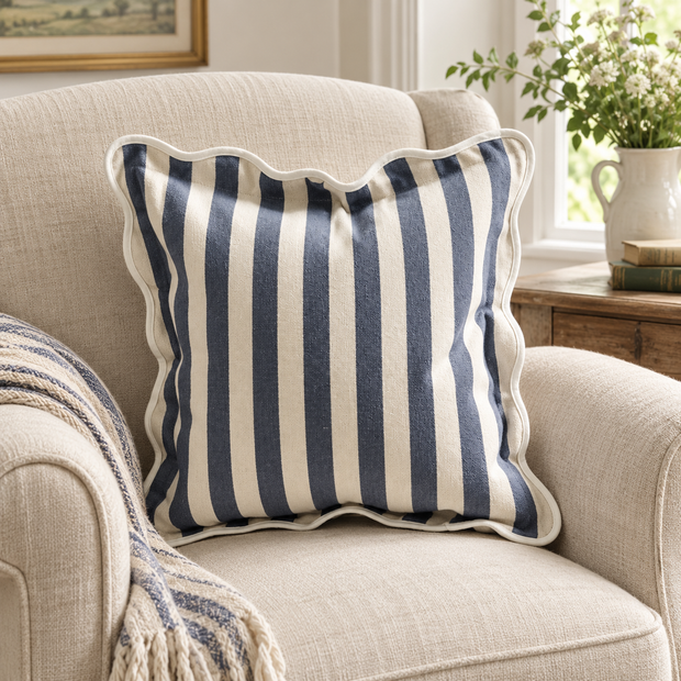 Chloe Navy Blue Square Scalloped Cushion Cover — styled view 2