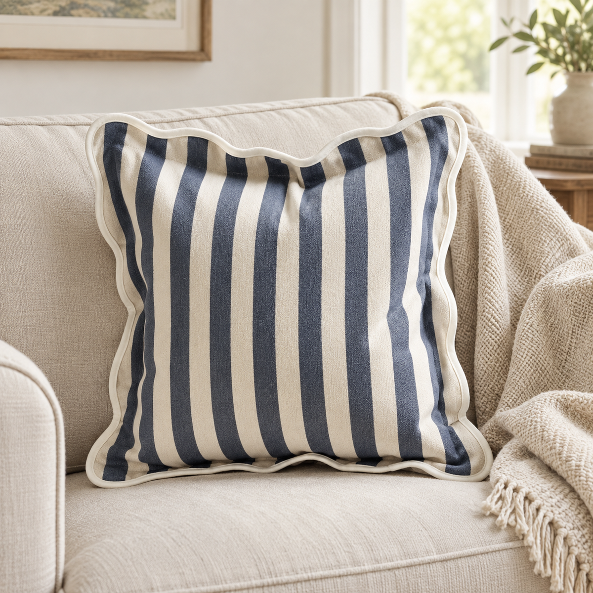 Chloe Navy Blue Square Scalloped Cushion Cover — styled view 3