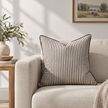 Florence Piped Dark Brown And White Pinstripe Luxury Cotton Blend Cushion Cover — styled view 1