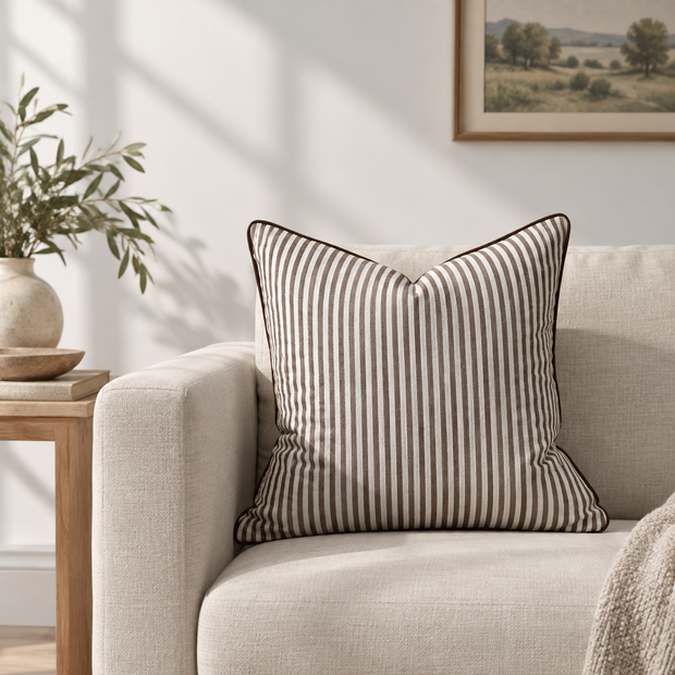 Florence Piped Dark Brown And White Pinstripe Luxury Cotton Blend Cushion Cover — styled view 1