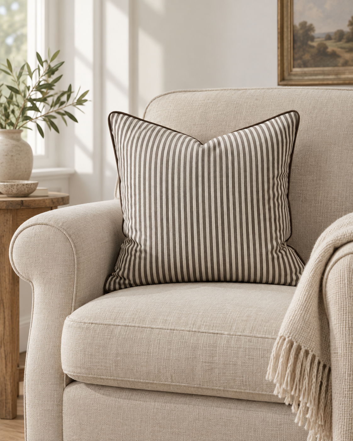 Florence Piped Dark Brown And White Pinstripe Luxury Cotton Blend Cushion Cover — styled view 2