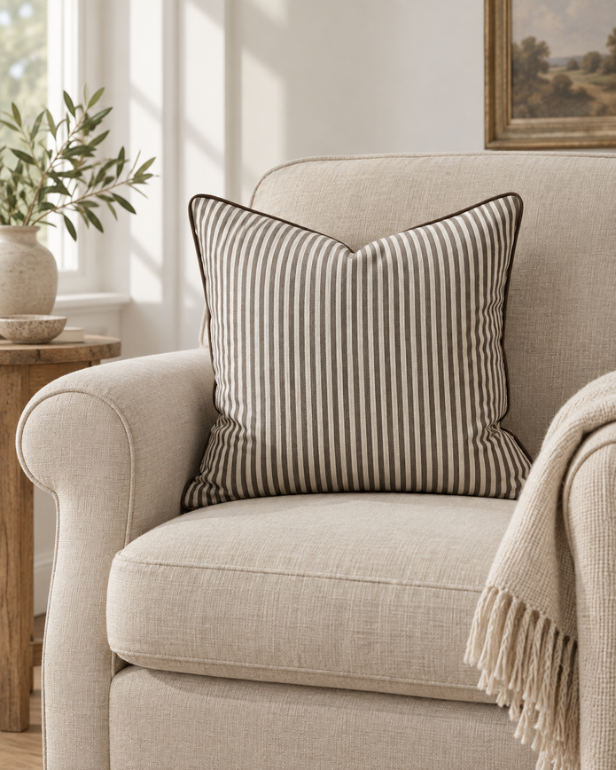 Florence Piped Dark Brown And White Pinstripe Luxury Cotton Blend Cushion Cover — styled view 2