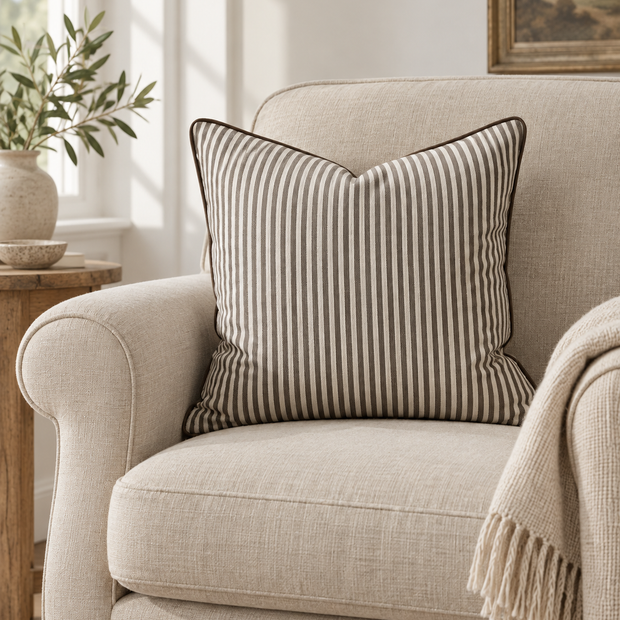 Florence Piped Dark Brown And White Pinstripe Luxury Cotton Blend Cushion Cover — styled view 2