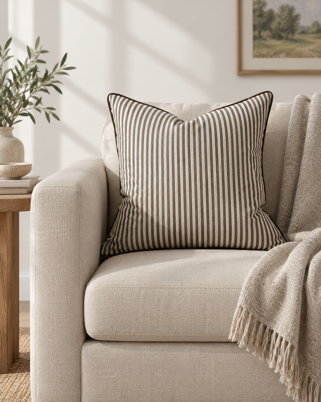 Florence Piped Dark Brown And White Pinstripe Luxury Cotton Blend Cushion Cover — styled view 3