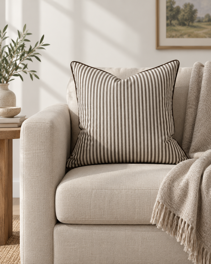 Florence Piped Dark Brown And White Pinstripe Luxury Cotton Blend Cushion Cover — styled view 3