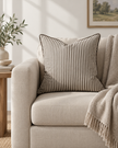 Florence Piped Dark Brown And White Pinstripe Luxury Cotton Blend Cushion Cover — styled view 3
