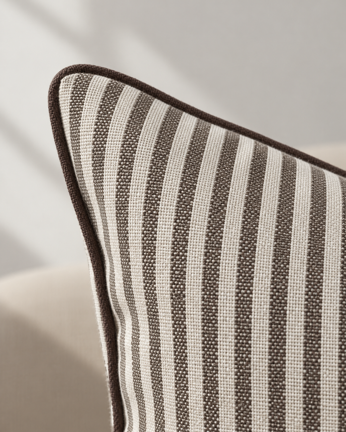 Florence Piped Dark Brown And White Pinstripe Luxury Cotton Blend Cushion Cover — fabric detail 1