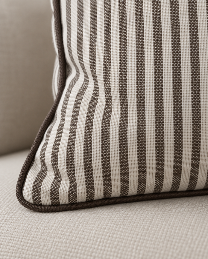 Florence Piped Dark Brown And White Pinstripe Luxury Cotton Blend Cushion Cover — fabric detail 3