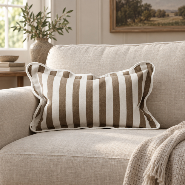 Chloe Brown Rectangle Stripe Scalloped Cushion Cover — styled view 1