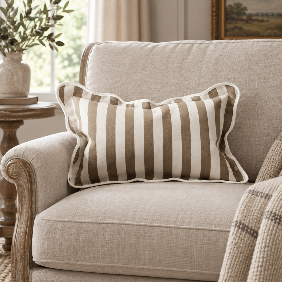 Chloe Brown Rectangle Stripe Scalloped Cushion Cover — styled view 2