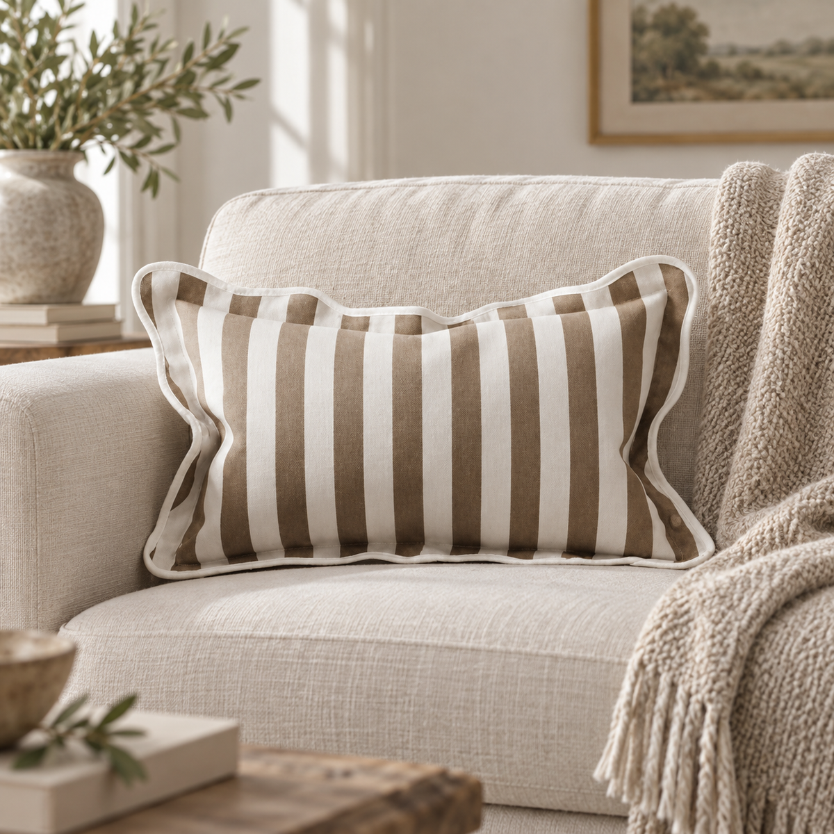 Chloe Brown Rectangle Stripe Scalloped Cushion Cover — styled view 3